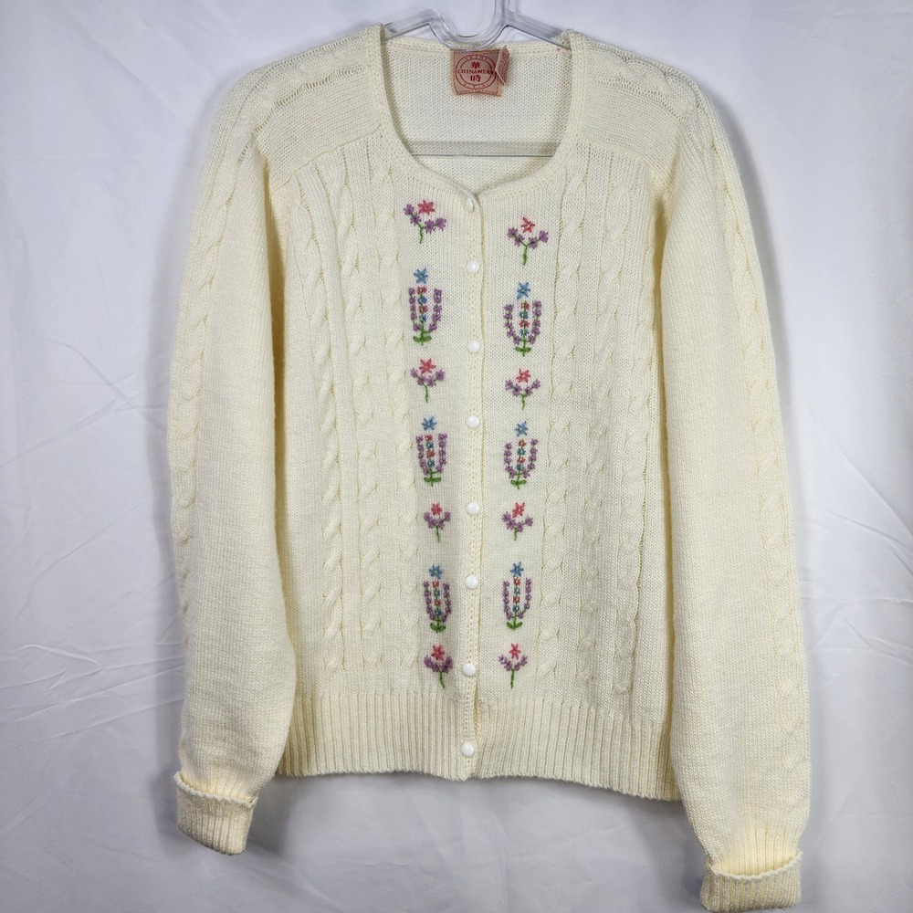 Vintage‎ Folk Floral Embroidery Cable Knit Cardigan Medium Cottagecore Heirloom